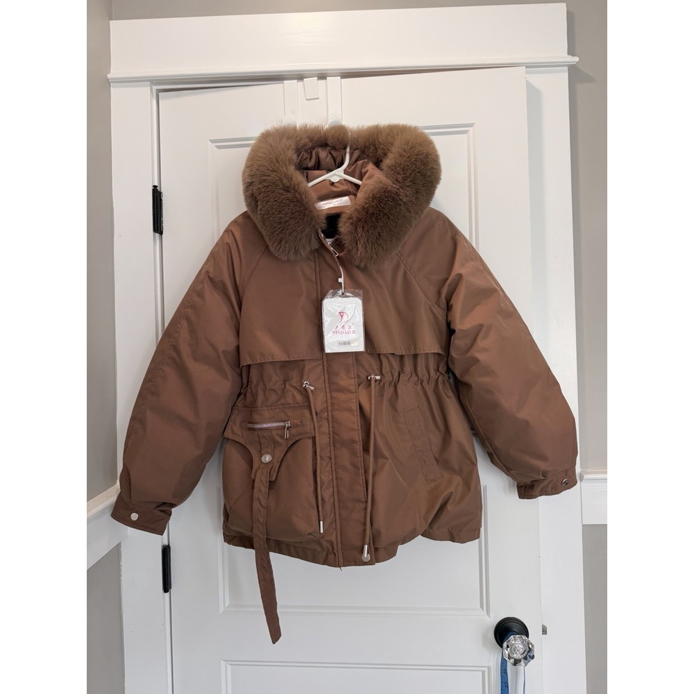Xindaier Brown Hooded Parka Faux Fur‎ Lined Coat Women's M Belted Winter